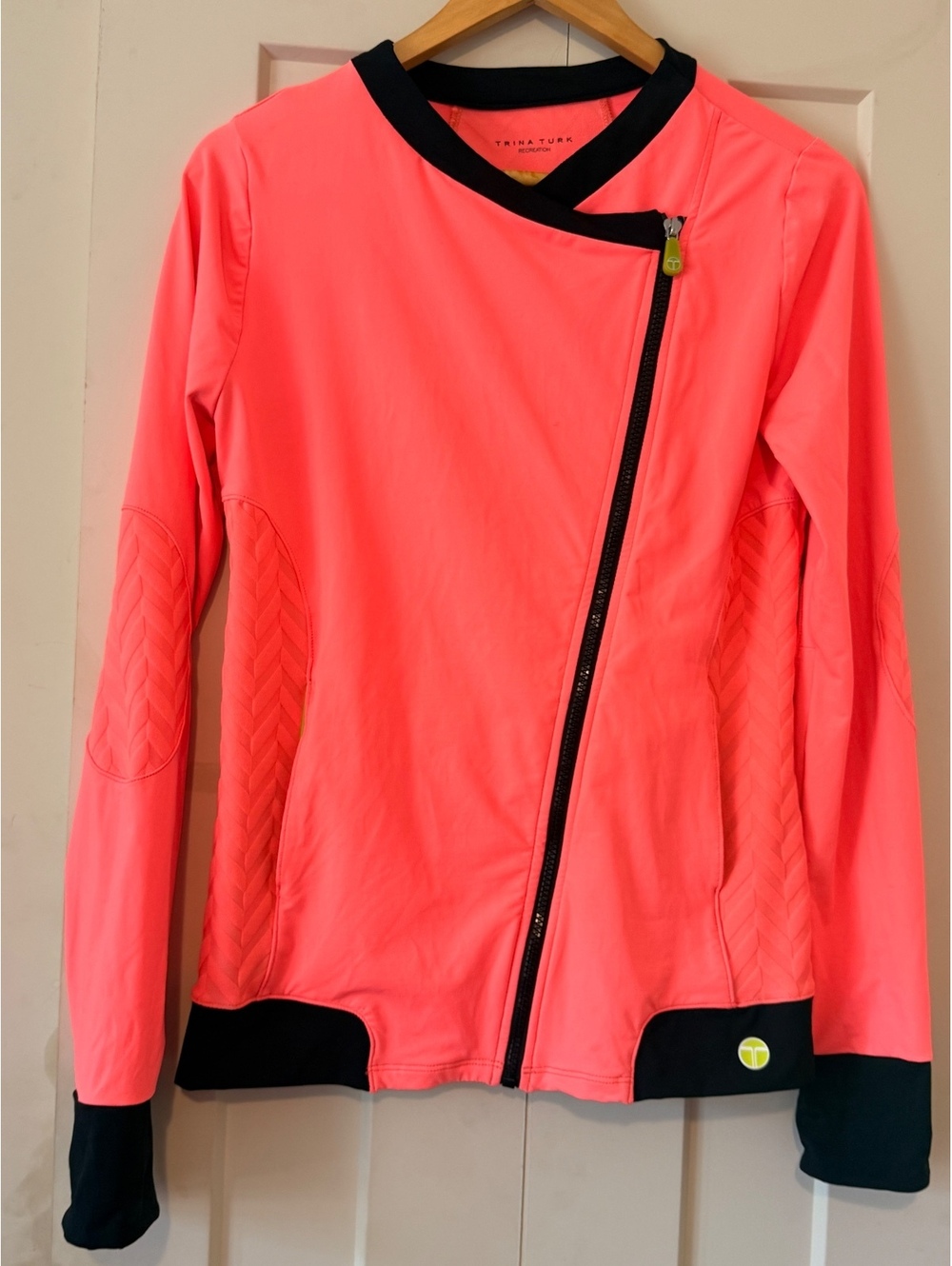 Trina Turk Recreation asymmetric moto style athletic quilted coral neon jacket M